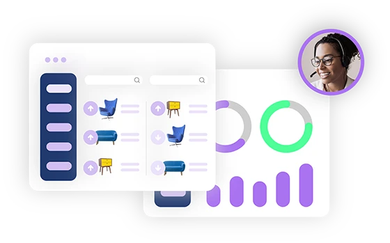 FactFinder interface showcasing online shop solutions with product listings and analytics, featuring a customer support representative.